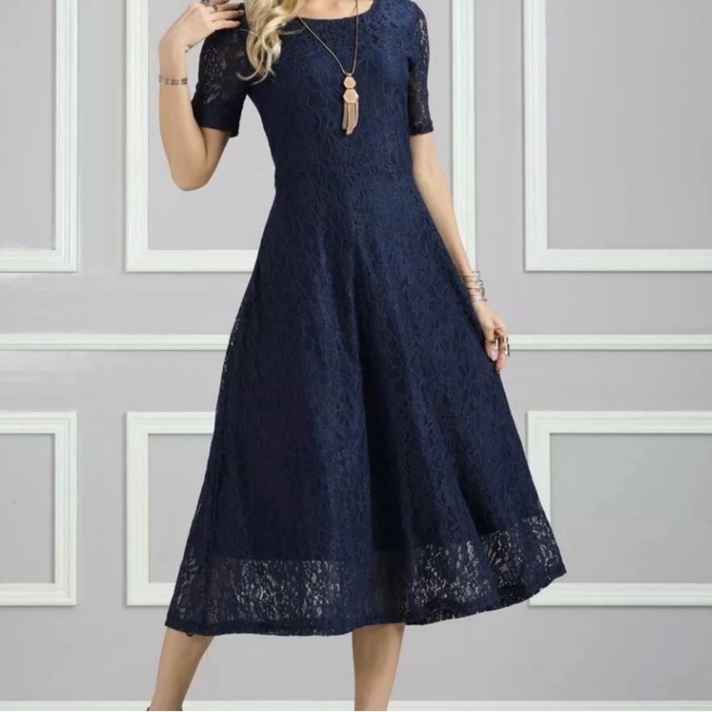 Suzanne Betro Navy Lace Midi Dress